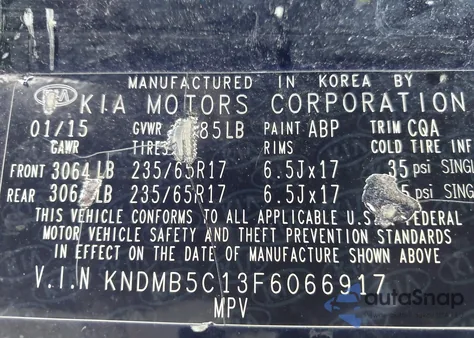 2015 Kia Sedona Lx z USA, uszkodzony, nr VIN KNDMB5C13F6066917